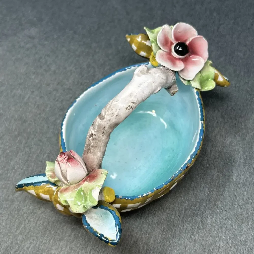Vintage Italian Majolica Floral Bowl Hand Painted LE 472 Italy Twig Basket READ